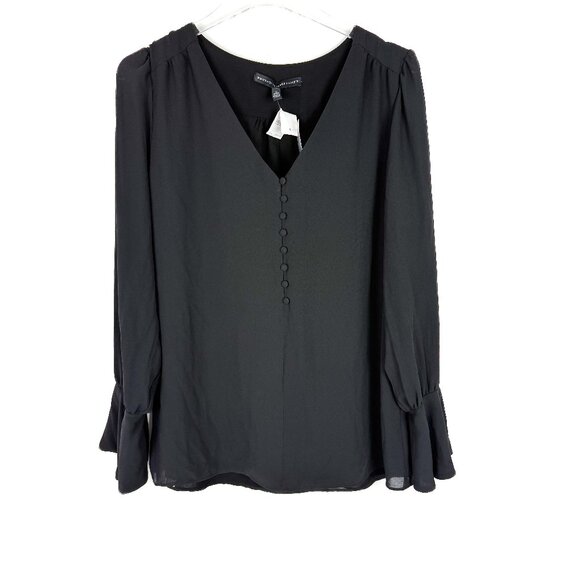 NWT White House Black Market Long Sleeve V-Neck Button Front Blouse Black Medium - Picture 1 of 11